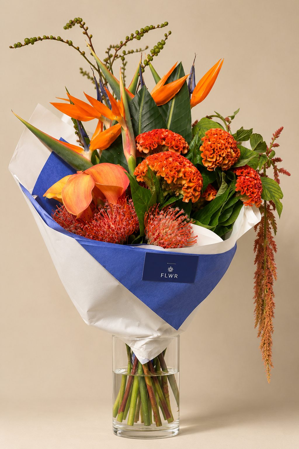 Custom FLWR bouquet: bird of paradise, orange celosia, calla lilies, leucospermum and amaranth
