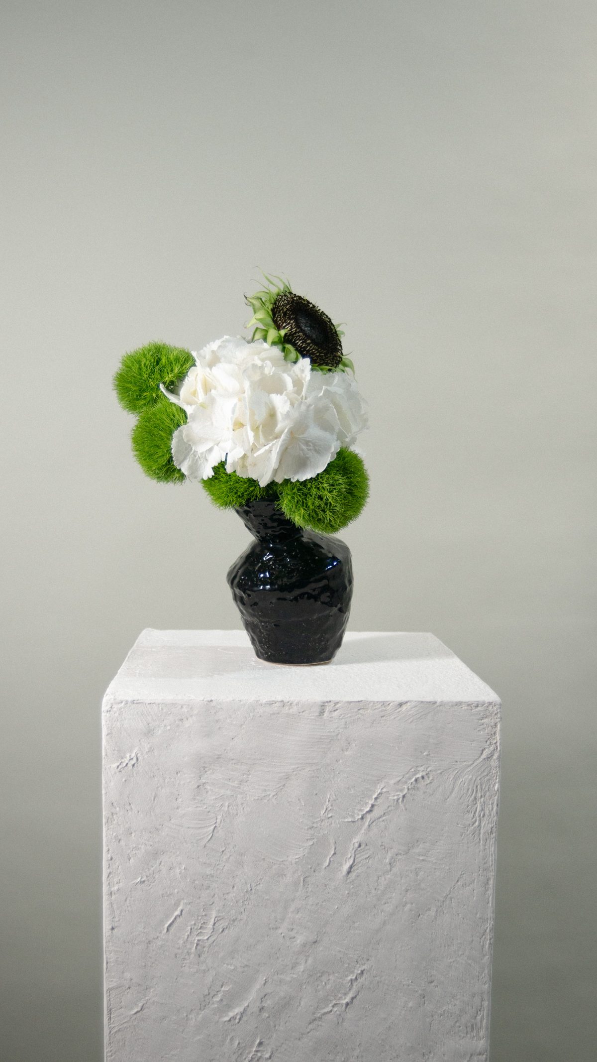 Composition FLWR boutique - hortensia blanc et dianthus vert dans vase céramique noire